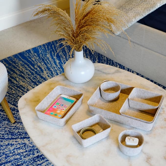 Welaxy 7pc Scandinavian Felt Desk Drawer Organizer Oatmeal Catchall Tray