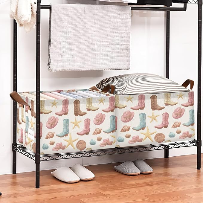 Retro Rodeo Boots and Starfishes Storage Basket Foldable Cube Storage Bins with Handles&Label Waterproof Organizer Box Bin Large Rectangle Decorative Baskets for Shelves Home Room Laundry