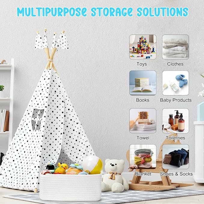 3 Pack Storage Baskets for Organizing, 13.7×9.5×6.3", White | Woven Baskets for Shelves, Cotton Rope Basket for Gifts Empty, Closet Organizer Bins with Handles, Cube Decorative Box