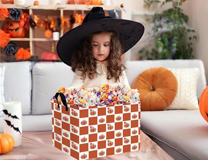 Large Halloween Themed Candy Gift Boo Basket for Kids Baby Personalized Adults Storage Bin Fall Decor(Grid Pumpkin)
