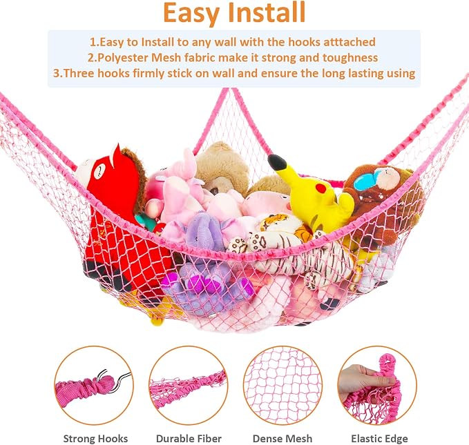 Toy Hammock for Stuffed Animals, Stuffed Animal Hammock Net Jumbo Plush Toy Storage Cornet Net 70" Wall Sling Large Teddy Bear Storage Organizer Pink