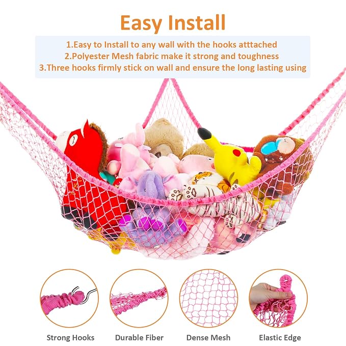 Toy Hammock, Stuffed Animals Hammock, Jumbo Toy Storage Net 83" Wall Sling Corner Extra Large Kids Children Mesh Toy Net Organizer (Pink, 83 Inch)