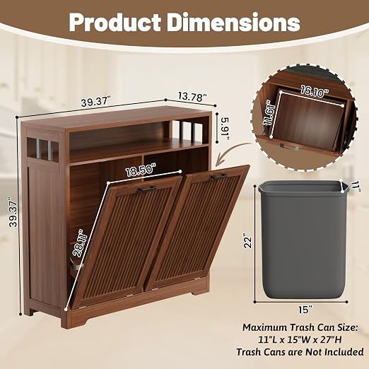 Pet-Proof Double 13 Gallon Tilt Out Trash Can Cabinet with Open Storage – Hide Garbage & Recycling Bins to Keep Your Kitchen Clean and Organized,Walnut