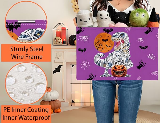 Large Halloween Themed Candy Gift Boo Basket for Kids Baby Personalized Adults Storage Bin Fall Decor(Purple Dinosaur)