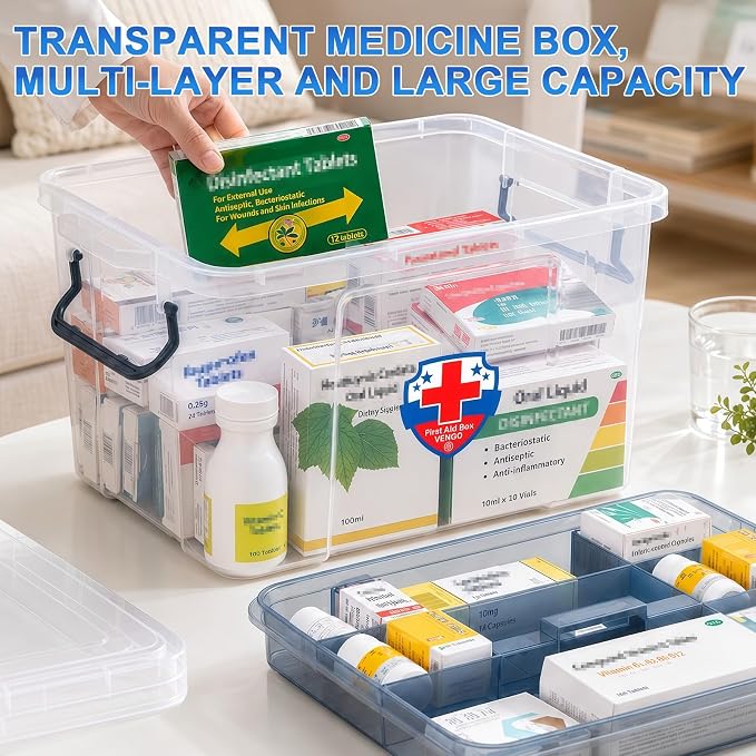 2 Pack Clear Medicine Organizer Box with Handle, Plastic Medicine Container with Tray First Aid Box Empty, Thickened Medicine Storage Organizer Multipurpose Medication Organizer Storage, Blue