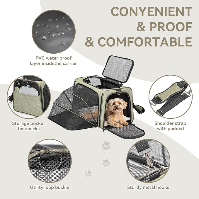 Petsfit Medium Expandable Cat Carrier for Air Travel, Up to 13 lb | 17 x 11 x 11 in; sized for Delta Airlines, with locking zippers, a handy D-ring, large pocket and multi-side ventilation.