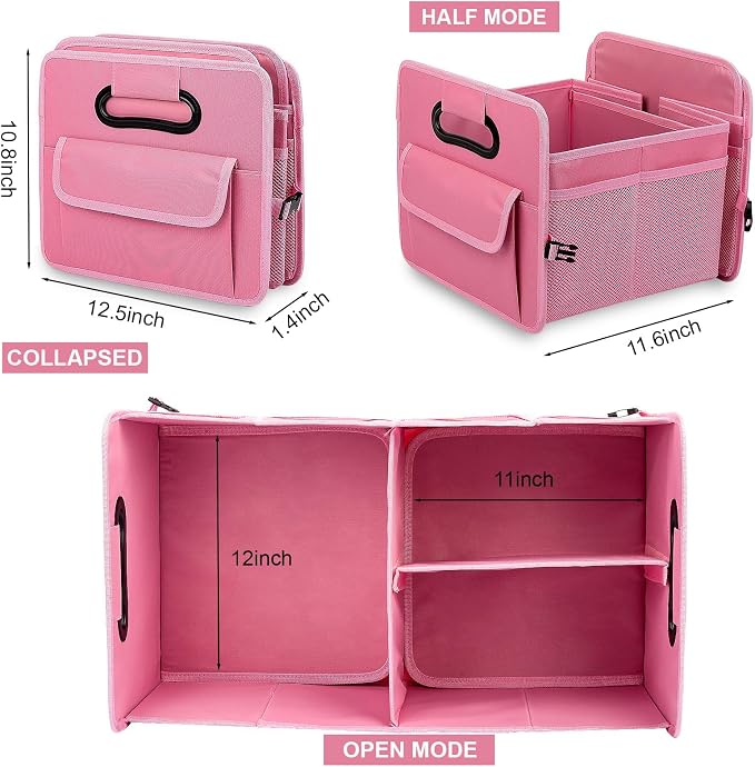 JiatuA Car Trunk Organizer, Collapsible Car Organizers and Storage Pink | Sturdy, Large Capacity, Clean Decor, Multi Compartment Container Box, Adjustable Car Accessories for SUV Sedan Truck