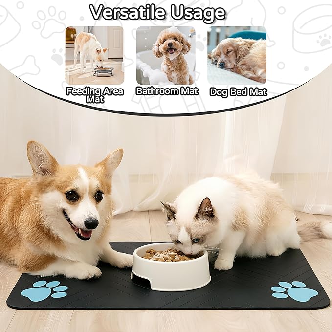 Pet Feeding Mat-Absorbent Dog Feeding Mat for Food and Water Bowl,No Stains Pet Placemat,Quick Drying Water Dispenser Mat for Dog and Cat,Easy to Clean Dog Accessories(S,Black Blue Paw)