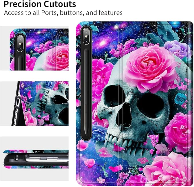 Case for Samsung Galaxy Tab S10+ Plus 2024/ S9 FE Plus/ S9 Plus 12.4" 2023 | Slim Leather Smart Cover with Multi-Angle Anti-Slip Stand [Auto Wake/Sleep] Shell for Women Men, Rose Pink Skull
