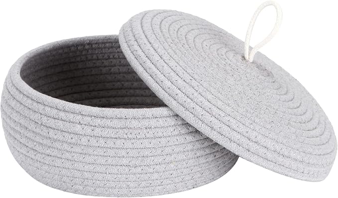 Sea Team Round Woven Cotton Rope Storage Basket with Lid, Gray | Lidded Knitted Decorative Storage Bin, Pot, Caddy, Organizer, Container for Snacks, Towels, Plants, 10 x 4.5 Inches