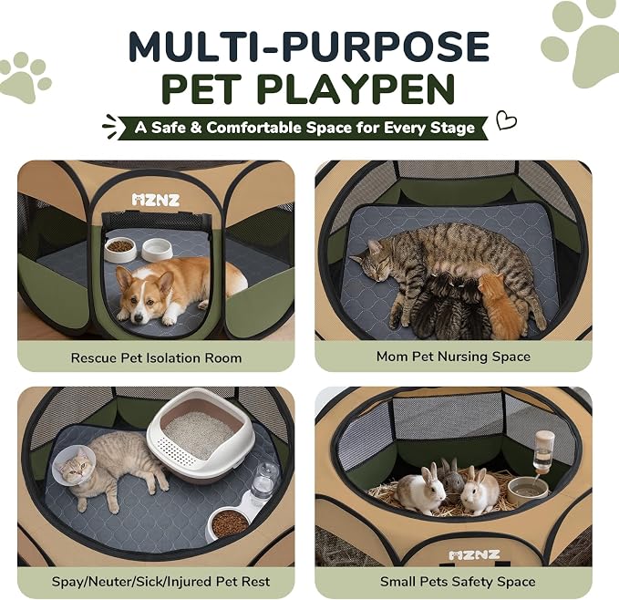 Dog Cat Small Animal Puppy Playpen with Pee Pad, Medium, Olive Green | Portable Pop Up Pet Crate Cage Enclosure Tent Kennel Indoor Outdoor with Carrying Case, No Assembly, Camping Use