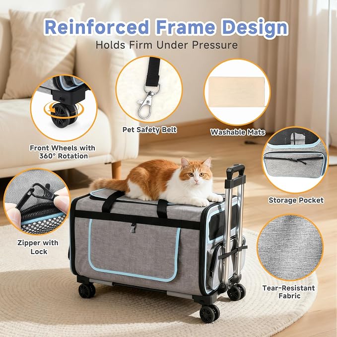 Large Pet Carrier with Detachable Wheels, 2 IN1 Foldable Soft-Sided Carriers- Designed for Dogs & Cats, Telescopic Handle, for Outdoor Car Indoor, Max. 44 LBS(Not for Airline)
