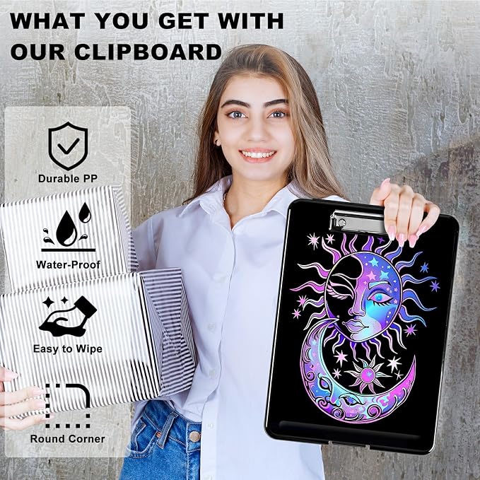 Purple Moon Sun A4 Clipboard with Storage Pen Holder, Clipboards Organizer Nursing Clipboard Foldable File Folder Plastic Clipboard Folio Clip Board for Office Students Classroom Doctor