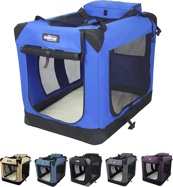 EliteField 3-Door Soft Dog Crate with Bed & Carrying Bag (2-Year Warranty) | 3 Mesh Doors, Steel Frame, Removable & Washable Crate Cover and Bed Cover, Storage Pockets, Indoor/Outdoor, Foldable