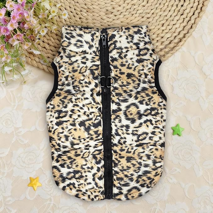 Idepet Pet Dog Cat Coat with Leash Anchor Color Patchwork Padded Puppy Vest Jacket Teddy Chihuahua Costumes Pug Cloth XS S M L(Small,Leopard)