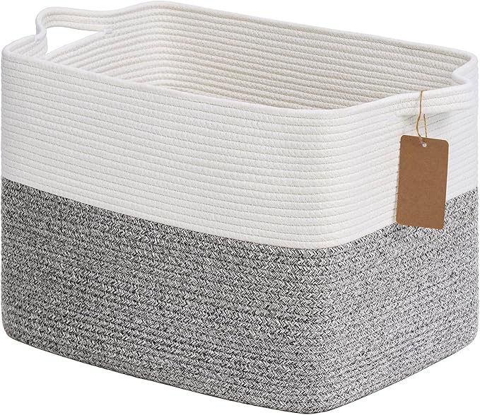 Goodpick 50L Large Woven Rope Storage Basket with Handles, Light Gray | 18" × 14" × 12" Stylish Gift Basket for Living Room & Nursery Organization, Fits Blankets, Toys & Home Essentials Storage