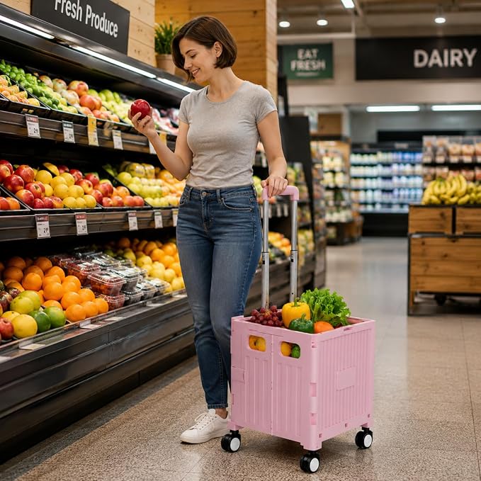 Foldable Shopping Cart with Wheels: Pink Rolling Utility Crate | Adjustable Handle, All-Terrain Wheels, Multipurpose Grocery Trolley for Teacher, Market, Office, Luggage, Laundry, Garden