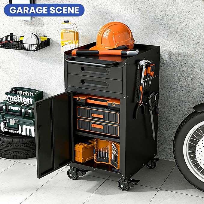 Metal Mobile Tool Storage Cabinet with 1 Locking Door and 2 Drawer | Black Heavy Duty Rolling Tool Cabinets for Garage,Metal Storage Cabinets with Wheels,Assembly Required