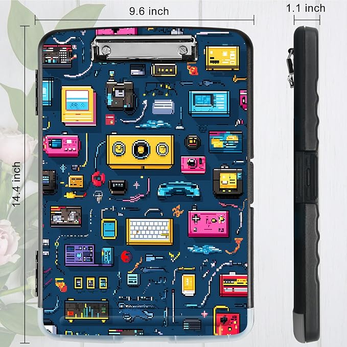 A4 Clipboard with Storage Pen Holder, Clipboards Organizer Nursing Clipboard Foldable File Folder Plastic Clipboard Folio Clip Board for Office Work Classroom Doctor, Retro Radio