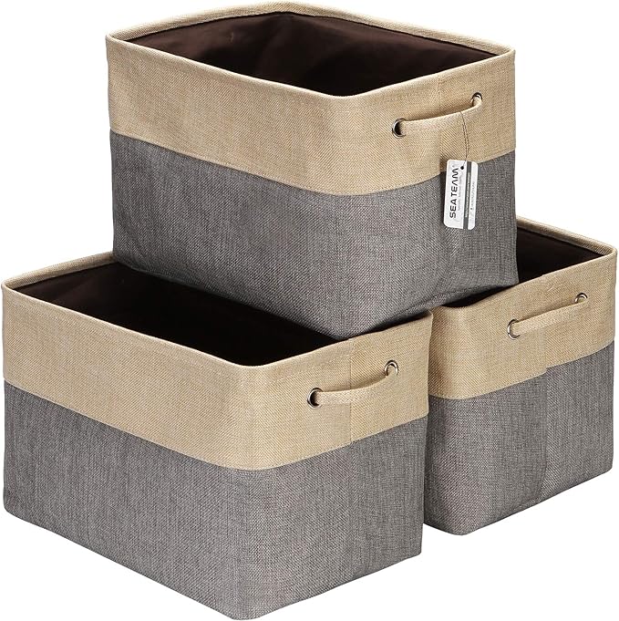 Sea Team Large Rectangle Canvas Open-Top Storage Baskets, 3-Pack | Collapsible Fabric Storage Bins with Handles, Closet Shelf Organizers, 15 x 10 x 10 Inches, Gray & Beige