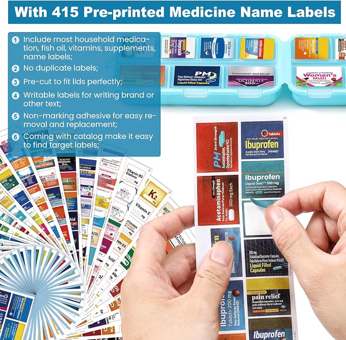 14 Grids Travel Pill Organizer Box with 415-Pcs Medicine Name Labels - Pocket Daily Pharmacy Case Container Kit - Travel Medication Holder Dispenser for Fish Oil Vitamin Supplement Storage - Sky Blue