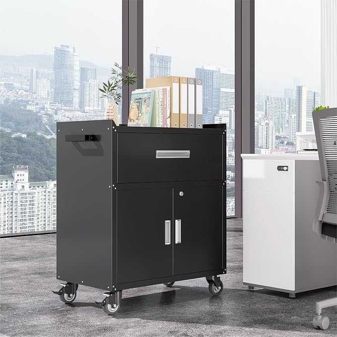 COFaR Metal Rolling Tool Cabinet with 1 Drawer and 2 Lockable Doors, Black | 35''H Profile with A 120 LB Adjustable Shelf, 200 LB Top, Four Swivel Casters and Side Handle for Garage or Workshop