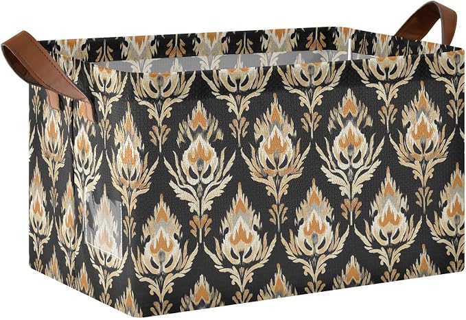 Ethnic Floral Pattern Black Yellow Block Storage Bins for Shelves with Labels&Handles Fabric Organizer Bin Foldable Rectangle Storage Basket Boxes for Closet, Bathroom, Home, Living Room