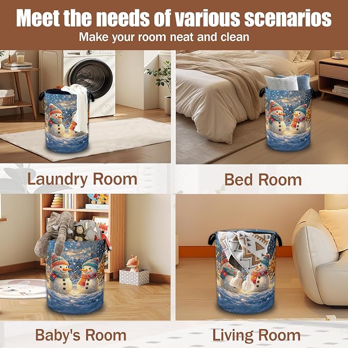 Cute Snowman Laundry Basket,Christmas Laundry Hamper Waterproof Oxford Cloth Tote Bag,Clothes Storage Bucket Decorative Toy Organizer for Bathroom Bedroom 16" x 20.8"