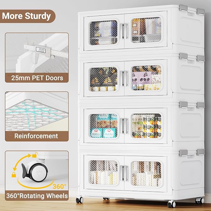 BROVIEW 50 Qt Extra Large Stackable Storage Bin with Lids, 1 Pack White | 12.5Gal Extra Large, Collapsible Storage Boxes with 1 Lids, Folding& Rolling Plastic Drawer, Heavy-Duty Cabinet Organization