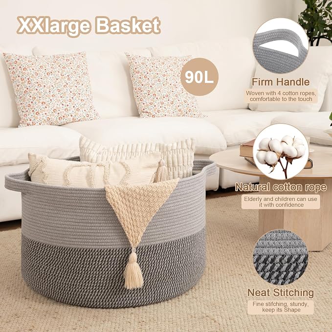 OIAHOMY 90L XXXLarge Blanket Basket for Living Room, 21.7" x 13.8" Woven Cotton Rope Laundry Basket for Organizing Pillows, Decorative Stuffed Animal Toy Storage for Nursery, Lighe Grey and Dark Grey
