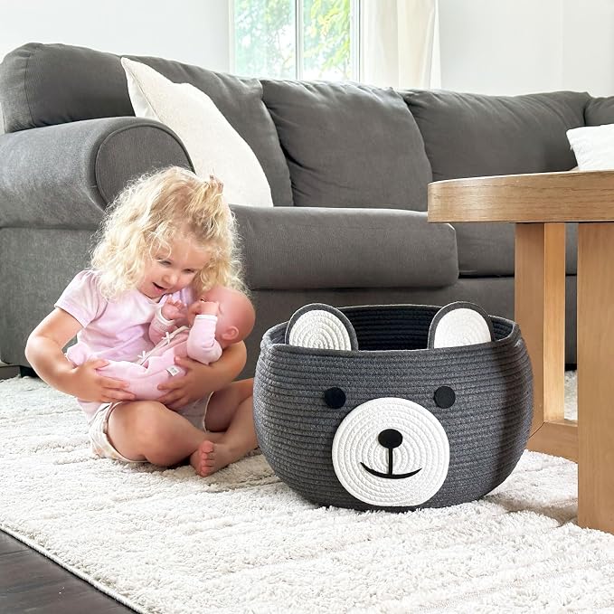 CherryNow Large Baby Basket for Gifts Empty, Cute Bear Design, Grey | 15.7" x 10.5" Baby Shower Basket With Handles, Cotton Rope Basket for Toys Diaper Caddys Storage, Fits Living Room Nursery