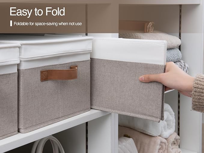 StorageWorks Fabric Storage Bins with Lids, Closet Storage Bins | Lidded Dust-proof, Easy Pull Handles, Foldable, Stackable, Ideal for Clothes Blanket Towel, Large, Brown and White, 3-Pack