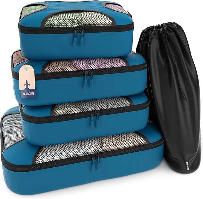 Shacke 5 Set Packing Cubes for Travel with Laundry Bag (Gentlemen's Blue) | Suitcase Organizer Bags Set: 4 Water-Resistant Luggage Cubes, XL to Small, + Laundry Bag for Carry-On or Checked