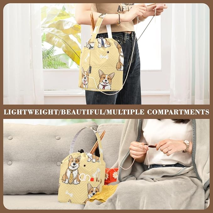 Tatenale Crochet Bag Yarn Bag Knitting Project Bag with Pockets and Handle Portable Yarn Storage Organizer Tangle Free 8.3x11 InchYellow Cute Corgi and Bones42