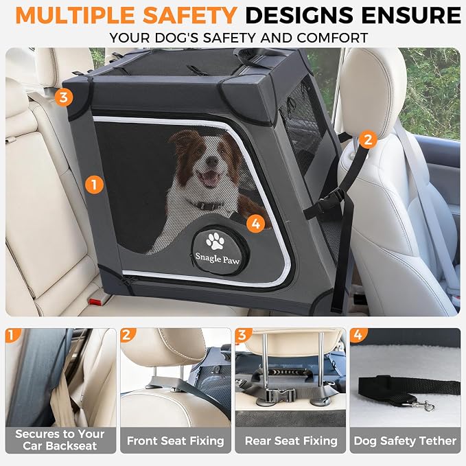 Snagle Paw Dog Car Crate for Back Seat, Portable, Large, Gray | 3-point seat securement, breathable mesh, feeding windows, folds flat, for road trips, camping and vet visits