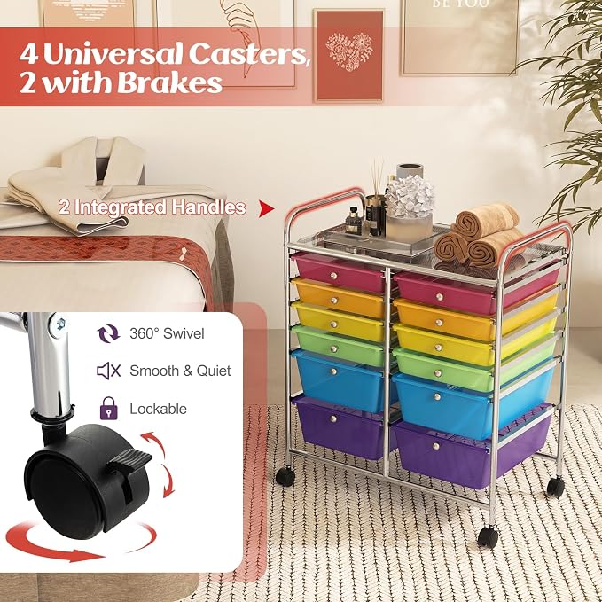 12 Drawer Rolling Storage Cart, Art Cart Organizer on Wheels, Mobile Utility Cart with Drawers, Multipurpose Craft Drawers for Home Office School Classroom (Rainbow)