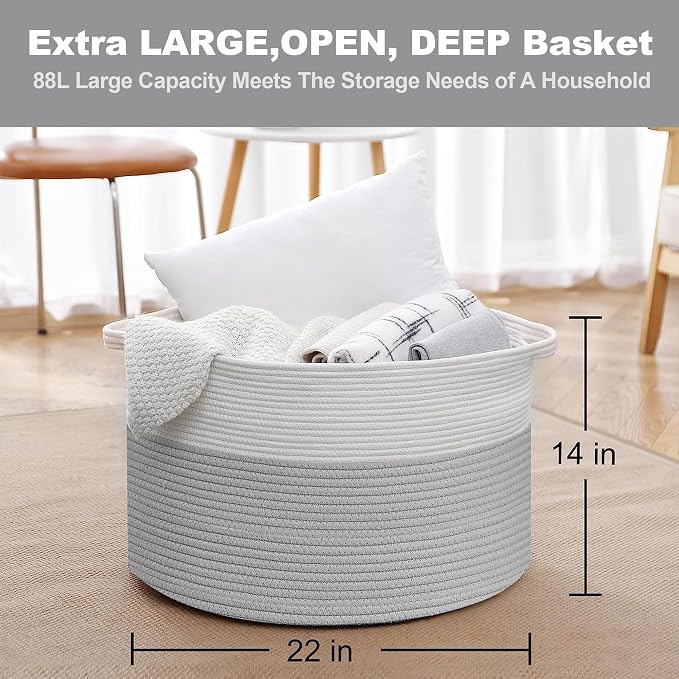 MEGASKET XXXL Large Cotton Rope Storage Bin, 22" X 14" Basket for Blankets Living Room, Woven Baby Kids Toy Storage Bin Box, Giant Throw Pillow Organizer Holder, Large Wicker Basket for Shoes, Gray