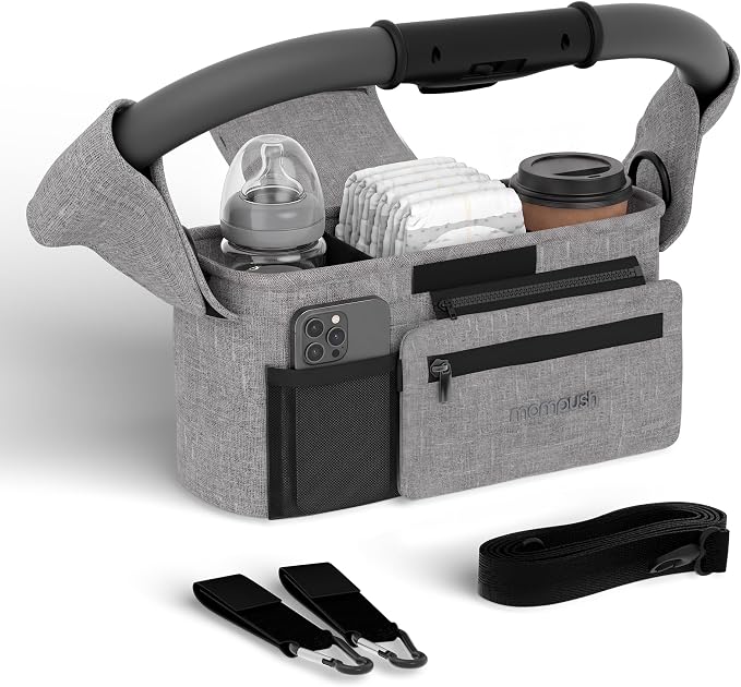 Mompush Universal Stroller Organizer Caddy with Insulated Cup Holder | Large storage capacity, multiple pockets, detachable zippered pouch, secure Velcro straps, universal stroller fit