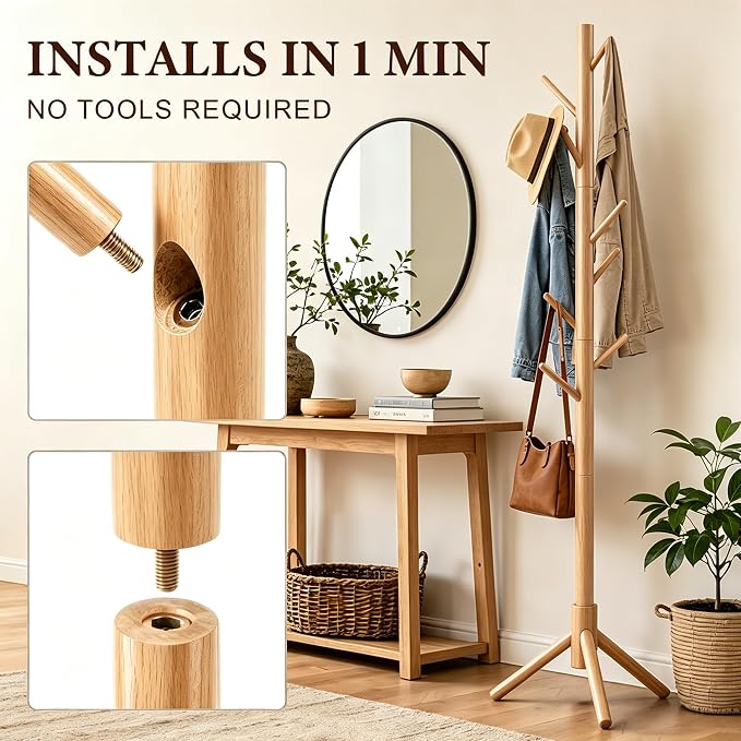 Wooden Coat Rack Freestanding | Coat rack with 8 Hooks & 3 Adjustable Sizes for Clothes, Space-Saving Design for Bedroom Office Entrance Holds Hats Coats