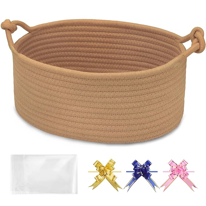Small Empty Gift Basket with Bag & Ribbons, Camel | 12“x8”x5”, Cotton Rope Woven Basket for Birthdays, Baby Showers, Mother's Day, Christmas; Stores Small Items, Kids & Pet Toys