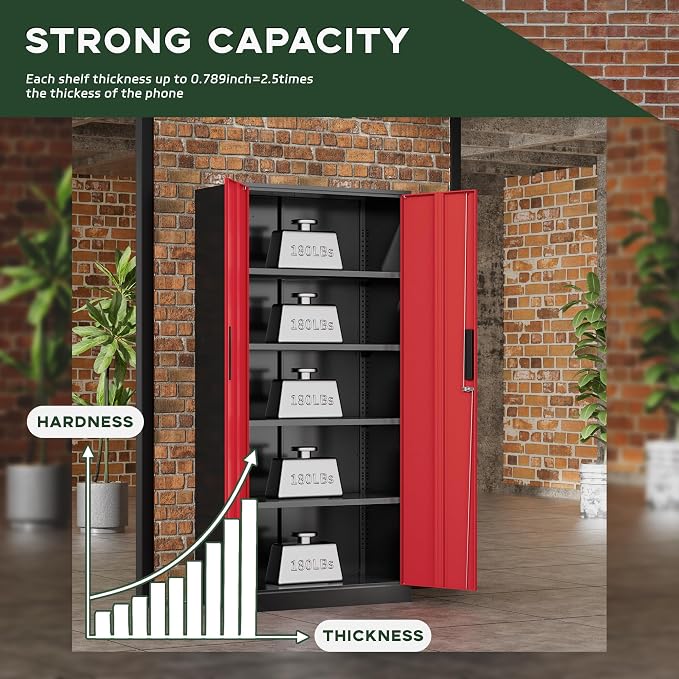 Greenvelly Metal Storage Cabinet,72" Locking Metal Garage Storage Cabinet with Doors and 4 Adjustable Shelves, Lockable Steel Cabinet for Home Office, Garage, Shop, School (Red 32" W x 16" D)