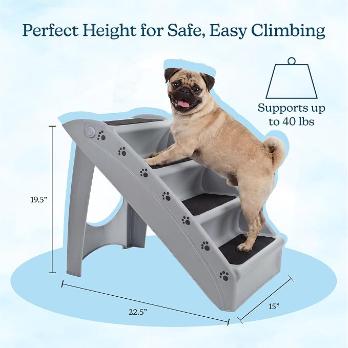 PETMAKER Lightweight Durable Plastic Dog Stairs, Gray, 23.25” x 15” x 19” | Foldable Pet Stairs with 4-Step Design for Bed, Couch, Car, Pet Steps with Non-Slip Carpeted Pads for Small Dogs and Cats