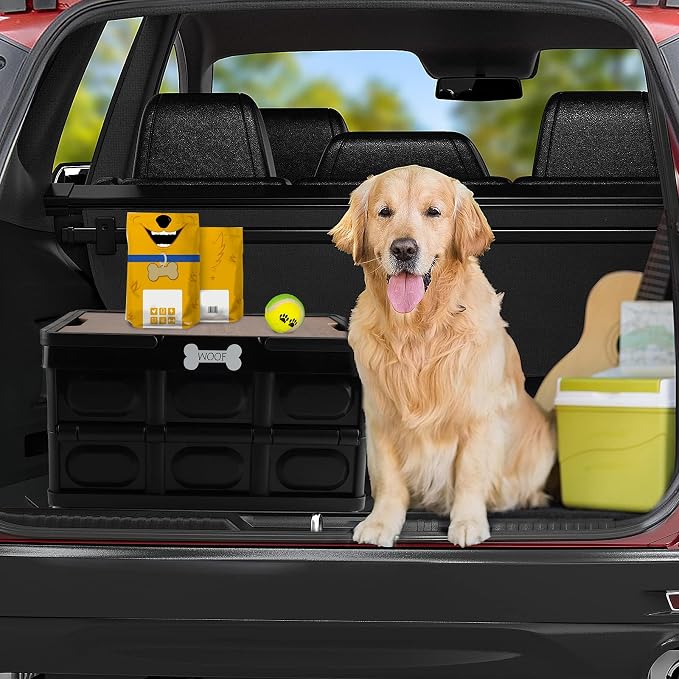 Outdoor Dog Toy Bin wtih Handles,Collapsible Dog Stuff Organizer Portable,Pet Storage Basket with Wood Cover for Dog Toys/Snack/Camping Essentials,Ideal for Car Trunk,RV Trip,Picnic-Black