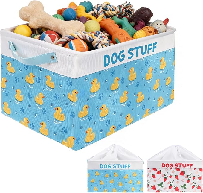 Dog Toy Basket, Collapsible Dog Toy Bin Box with Drawstring Cinch Top &Handles, Pet Food Storage Organizer for Dog Toys, Apparel, Blankets and Leashes, Blue, Yellow Duck, L, 15.3"x13"x12"