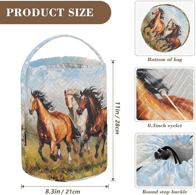 Fustylead Horses Galloping on Grassland Oil Painting Yarn Knitting Crochet Drawstring Bag with Customized Front Compartment, Portable Large Storage Basket for Crocheting Project, Yarn Ball, Needles