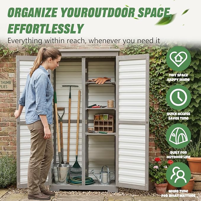 Outdoor Storage Cabinet – Store More in Less Space, Tall Vertical Garden Tool Organizer with 4 Shelves & Long Handle Storage, Weather-Resistant Patio Cabinet for Backyard, Garden, Side Yard