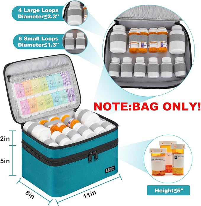 LEFOR·Z Medicine Storage Bag,Double Layers Pill Bottle Organizer Bag Empty | Medical Supplies Bag with Lockable Zipper & Adjustable Divider,Medication Travel Carrying Bag for Pills,Vitamins,Teal Color