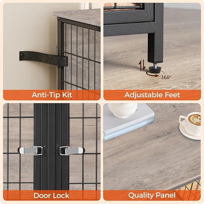 MAHANCRIS Dog Crate Furniture for 2 Dogs, 43.3" Dog Kennel with Removable Divider, Heavy Sturdy Dog Furniture Style Double Cage for Small Medium Dog, Indoor Pet House End Table, Greige DCHG1201