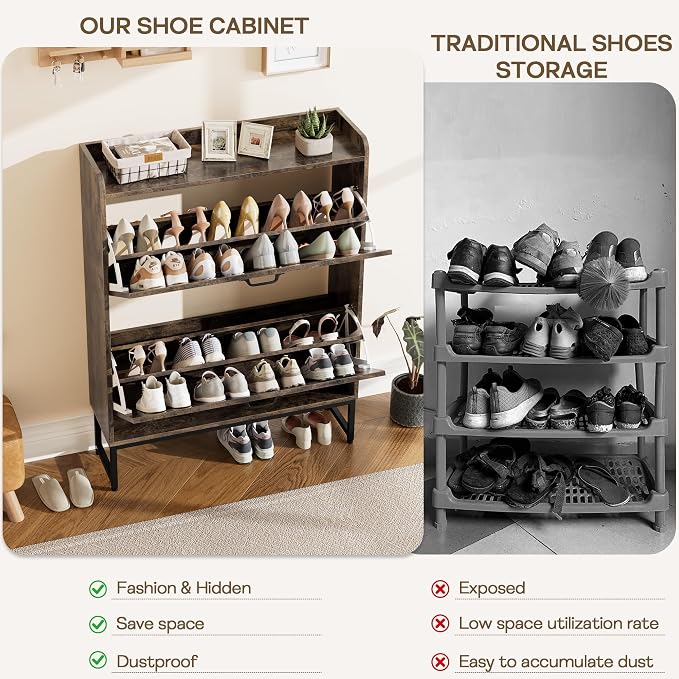 Shoe Cabinet with 2 Flip Drawers, Entryway Organizer, Chestnut | Slim Wood Shoe Rack with Metal Legs, Farmhouse Shoe Cabinet Storage for Entryway, Foyer, Hallway, Shoe Dresser with Hook