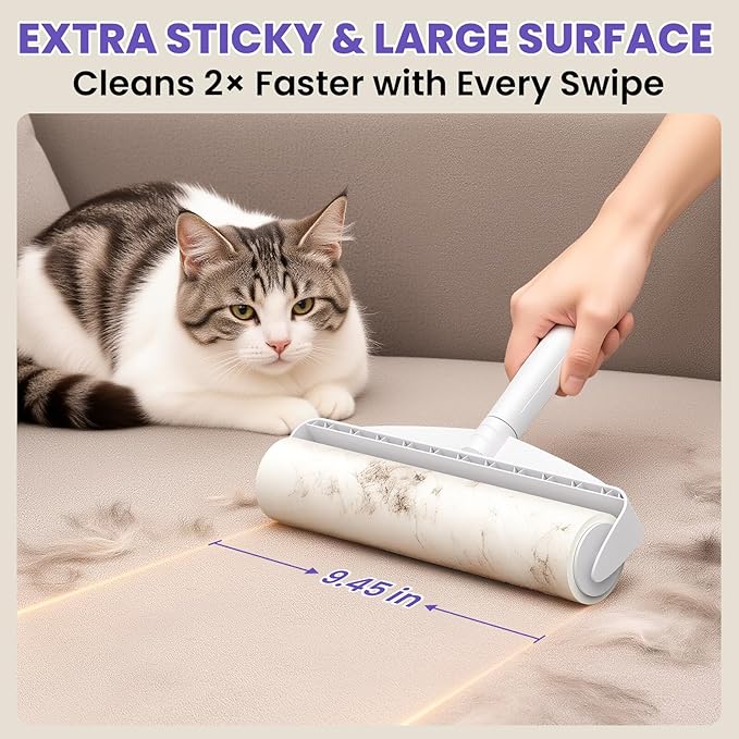 Two Large Lint Roller Set for Pet Hair: DELOMO 9.45” Extra-Wide Sticky Rollers - Long Handle for Floors & Carpets and Short Handle for Couches & Furniture - 360 Sheets Total - for Multi-Pet Homes